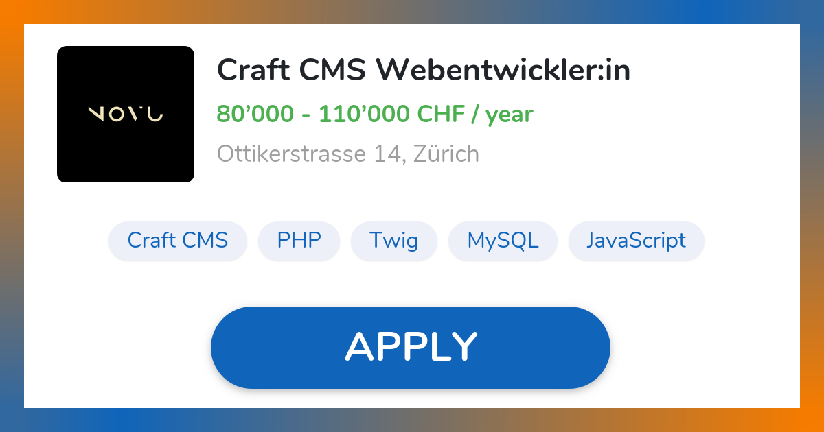 Craft CMS Webentwickler:in Job in Zürich | novu ag