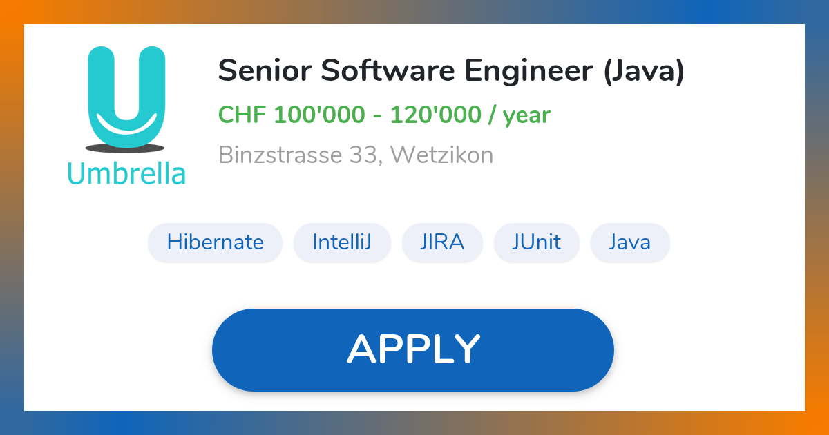 Senior Software Engineer (Java) Job in Wetzikon | Umbrella AG